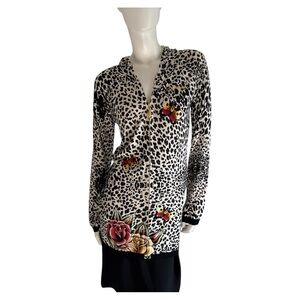 Ed Hardy Leopard Print Cardigan with Floral and Butterfly Accents